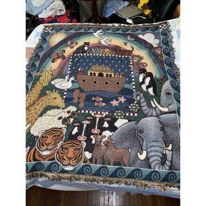 Vintage American Weavers Noahs Ark Tapestry Afghan Throw Blanket Approx 64 X 50